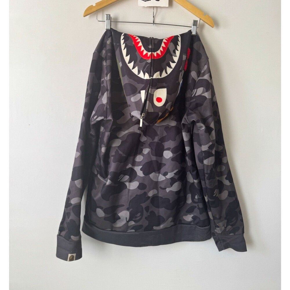 A Bathing Ape BAPE Men’s Camo Shark Graphic Full Zip Hoodie Black/Gray XL Dup!